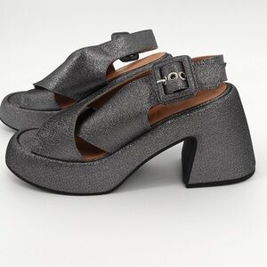 NEW GANNI Metallic Lamé Platform Slingback Sandals Silver 38 Heels